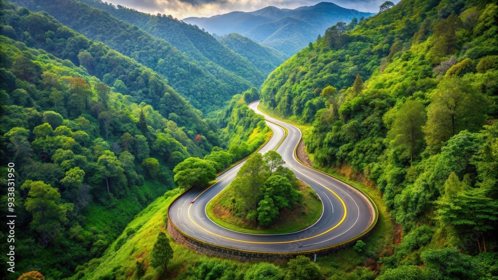Fototapeta premium Winding mountain road cutting through lush green forests , Mountain, Road, Curves, Scenic, Nature, Landscape, Travel