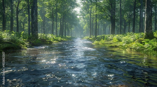 Forest Stream Digital Illustration - Lush Greenery, Sunlight Through Trees, Tranquil Waters, 3D Render