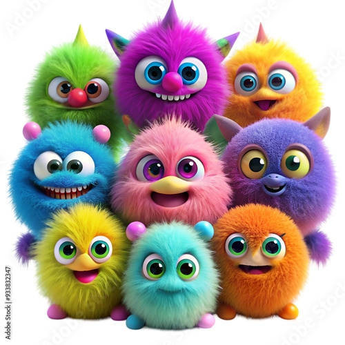 A cute colorful fuzzy grinning monsters