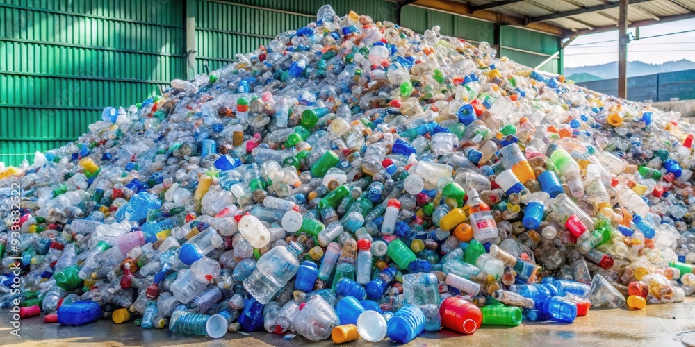 Fototapeta premium An overflowing pile of plastic containers and bottles at a recycling facility , plastic, galore, abundance, excess