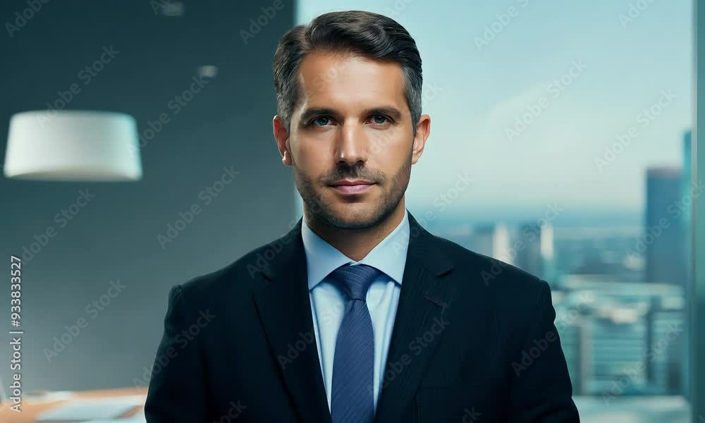 The Architect of Success: A confident businessman stands tall in a modern office, his gaze resolute against the backdrop of a bustling cityscape. The Architect of Success: A confident businessman stands tall in a modern office, his gaze resolute against the backdrop of a bustling cityscape.