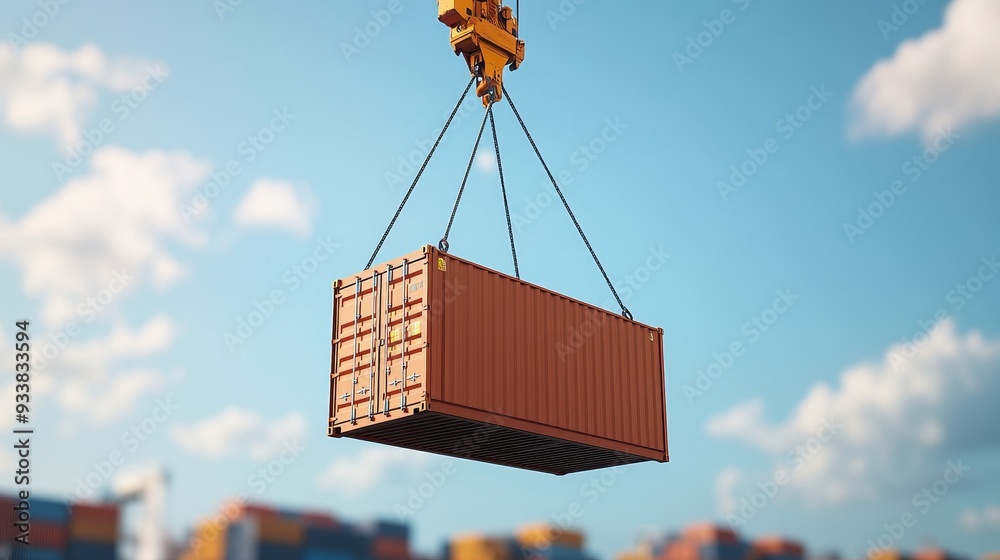 A red shipping container is being lifted by a crane at a busy port. The container is suspended in the air with a clear blue sky in the background. A red shipping container is being lifted by a crane at a busy port. The container is suspended in the air with a clear blue sky in the background.