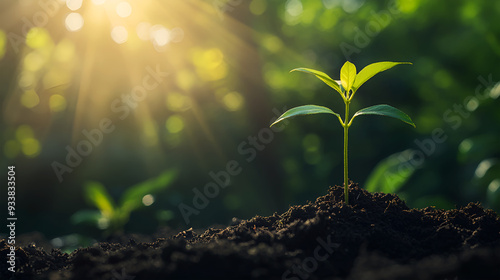 Amidst the scenic countryside, a young withania plant flourishes, showcasing its dicotyledonous traits, a Young Withania Plant Thrives in the Picturesque Rural Landscape, Highlighting Its Dicotyledono