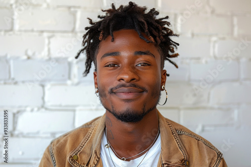 Smiling young man with earrings against white brick wall background