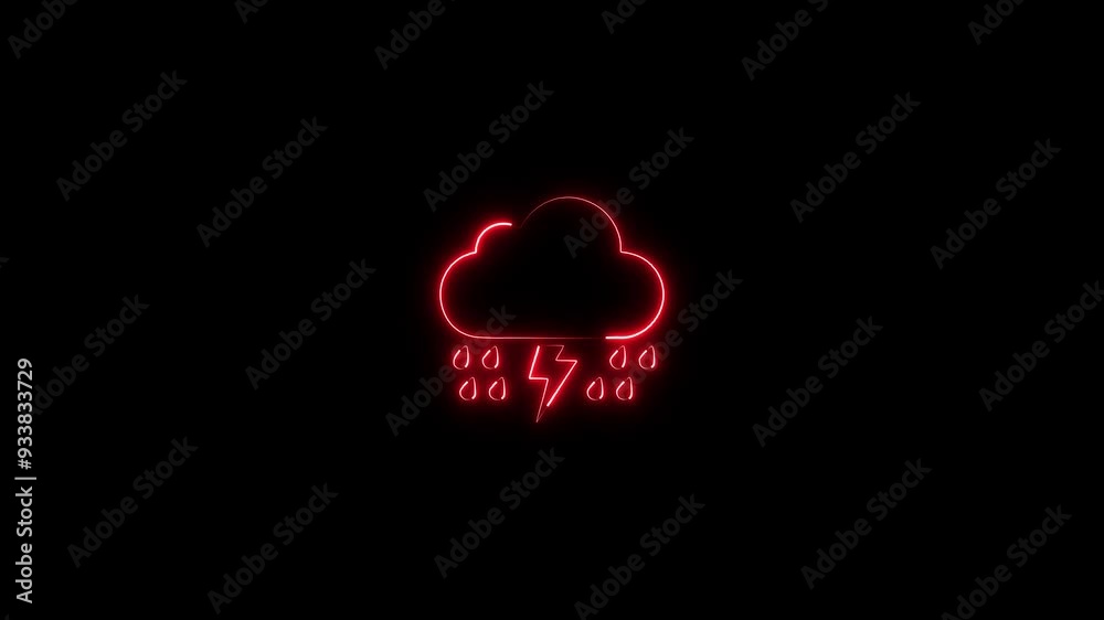  Abstract glowing neon line sun with clouds. Rain and snow sign. Lighting storm, thermometer icon.