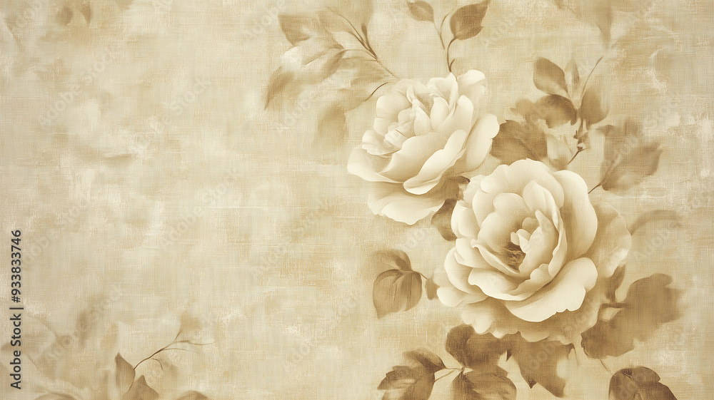 Fototapeta premium A soft, vintage-inspired wall design featuring large, delicate roses in muted beige tones.