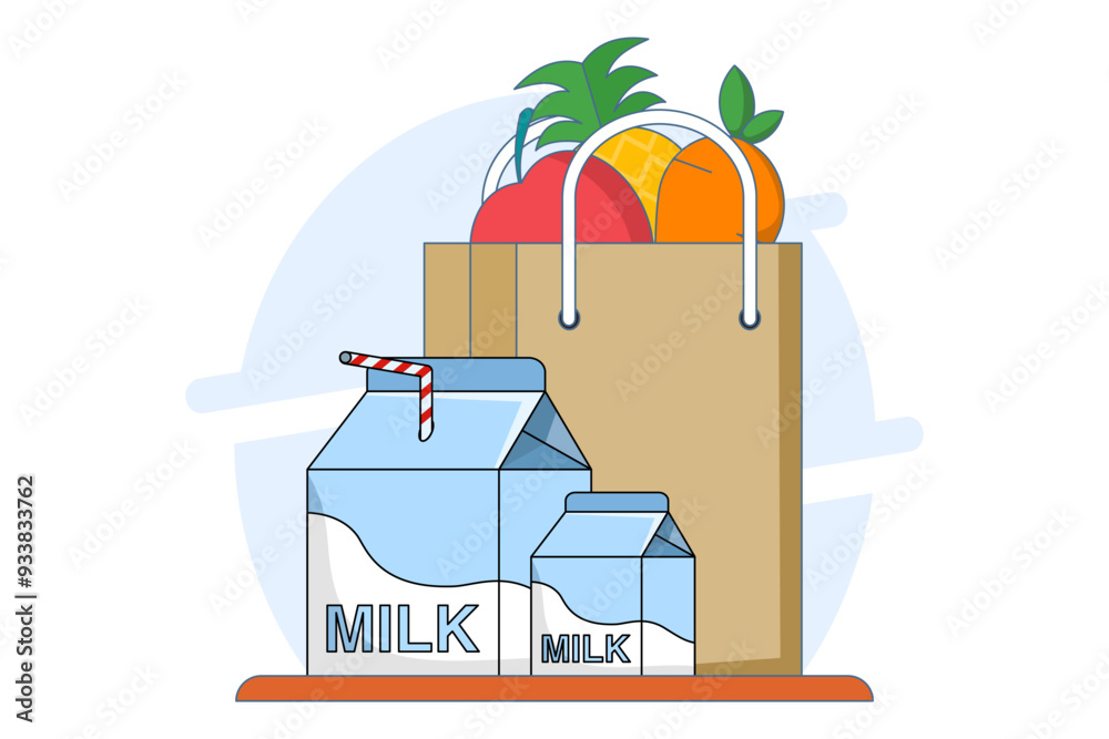 Fototapeta premium Concept of fruit and milk drinks, healthy and nutritious food and drinks. Flat Outline Illustration Vector Graphics Shopping Bag, Pineapple, Apple, Carrot and Milk Icons. App Icons, Banners, etc.
