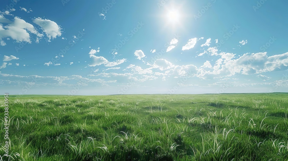 Green Grass Field with Blue Sky and Sun Illustration Green Grass Field with Blue Sky and Sun Illustration