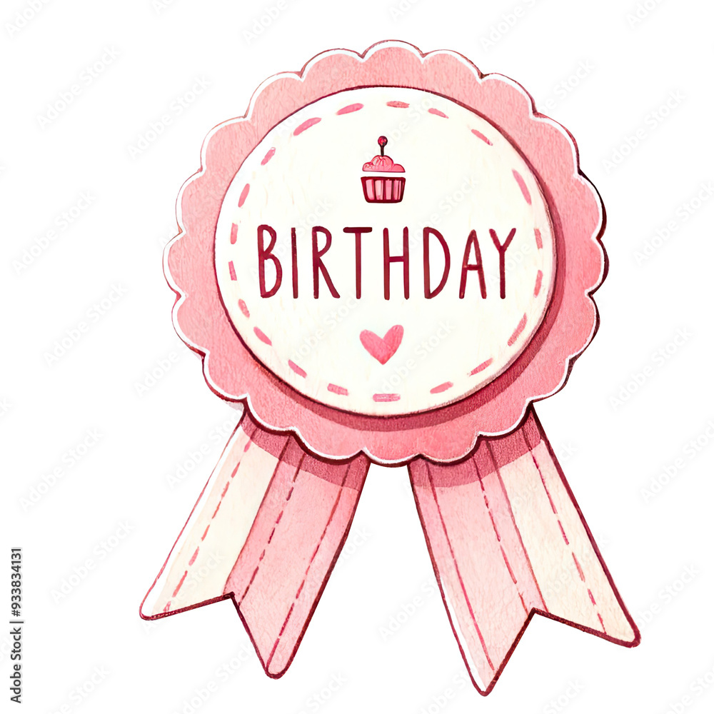 Pink and white birthday badge with cupcake illustration and heart design, perfect for celebratory occasions and birthday party decorations. Pink and white birthday badge with cupcake illustration and heart design, perfect for celebratory occasions and birthday party decorations.