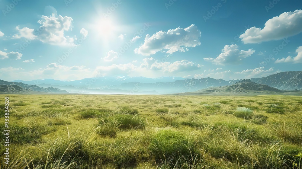 Grassland Landscape with Mountains and Blue Sky - Realistic Image Grassland Landscape with Mountains and Blue Sky - Realistic Image