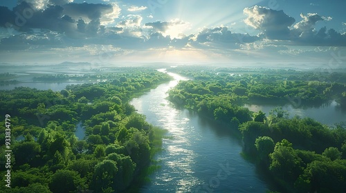 Aerial View of a River Flowing Through Lush Green Forest with Sun Rays Breaking Through Clouds - 3D Illustration