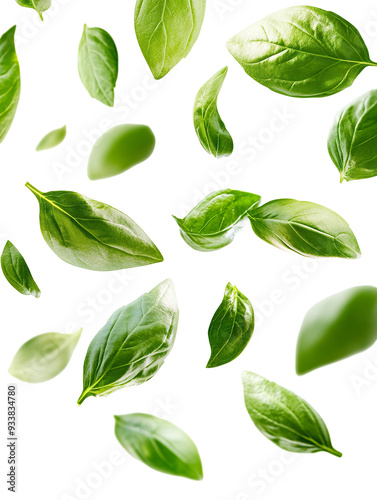 basil leaves flying on white background isolated PNG