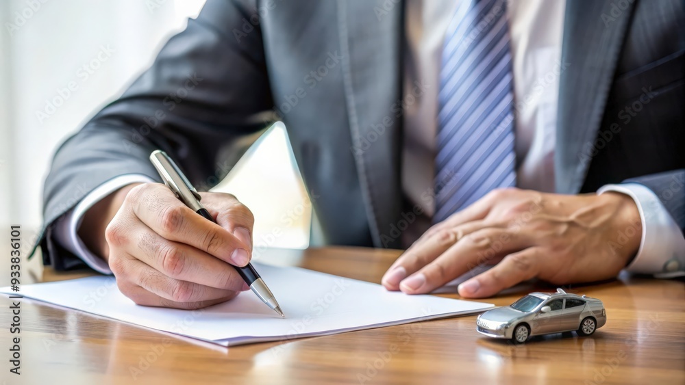 Close-up of a man's hand signing a car loan contract document, car loan, agreement, contract, signing, business, finance Close-up of a man's hand signing a car loan contract document, car loan, agreement, contract, signing, business, finance