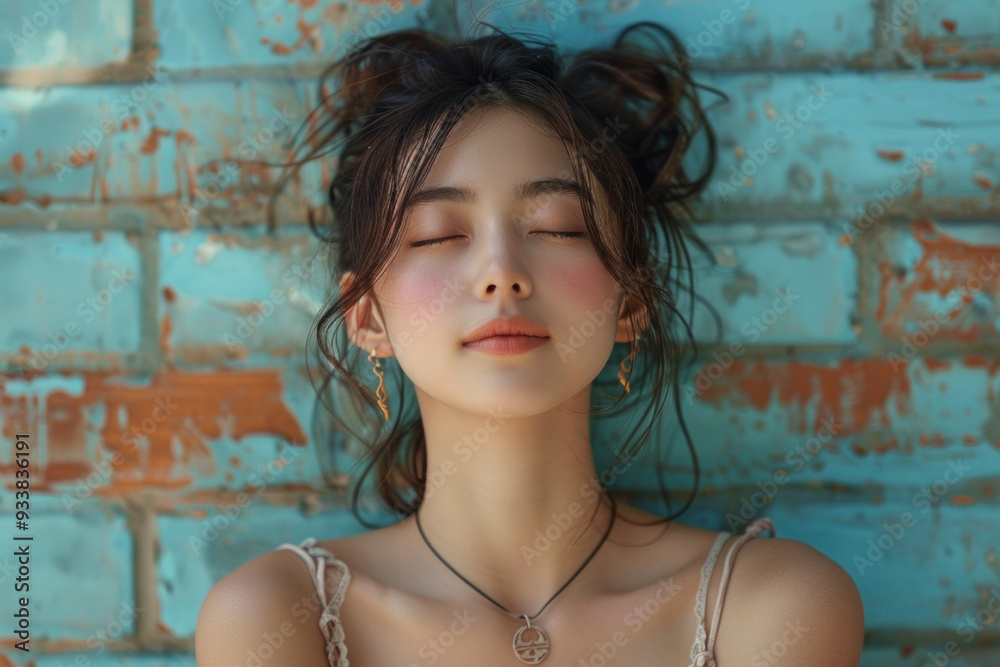 Serene young woman enjoying relaxation against rustic wall background Serene young woman enjoying relaxation against rustic wall background