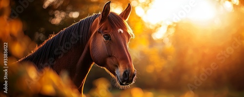 Intimate portrait of a brown stallion, with the sunlight highlighting the chestnut hues and fine details of its coat photo