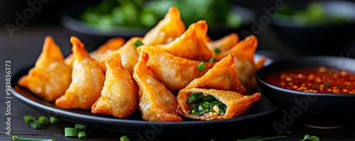 Plate of Kanom Gui Chai, showcasing the crispy, deep-fried dumplings with a savory Chinese chive filling, served as a tasty appetizer photo