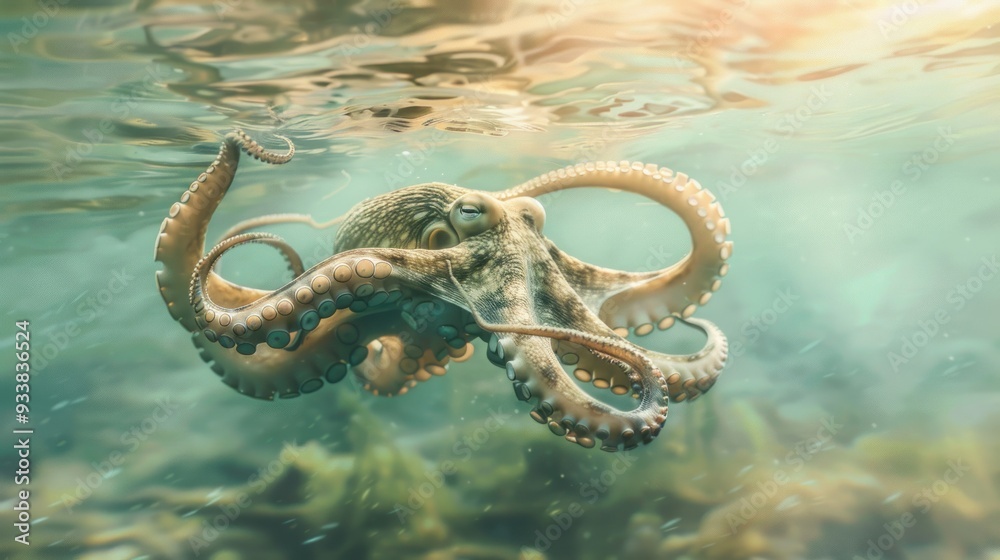 Octopus swimming underwater with sunlight shining through. Octopus swimming underwater with sunlight shining through.