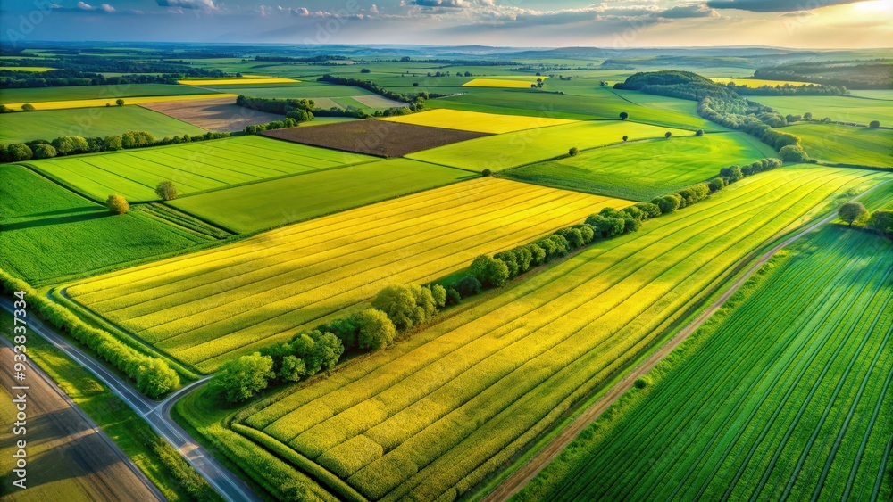 Obraz premium Top down view of a lush green and yellow countryside field , field, countryside, landscape, aerial view, grass, farm, rural
