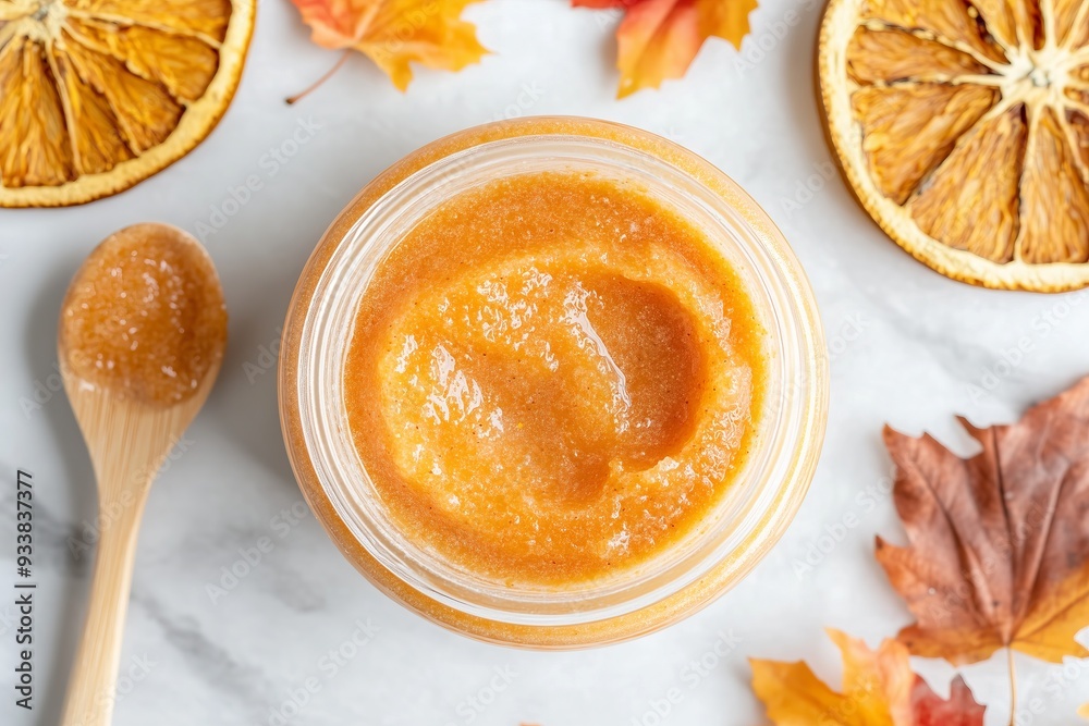 open jar of pumpkin facial scrub on a bathroom vanity, with a small wooden spoon and scattered dried orange slices and autumn leaves open jar of pumpkin facial scrub on a bathroom vanity, with a small wooden spoon and scattered dried orange slices and autumn leaves