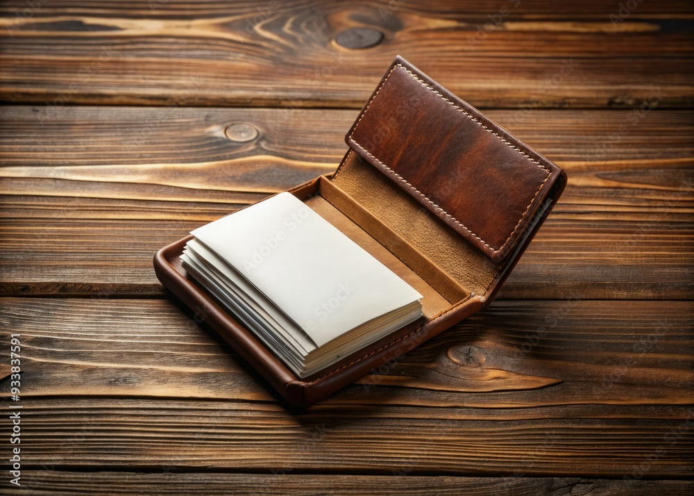 Classic leather business card holder lies open on a rustic wooden table, surrounded by blank white cards waiting to be filled with important contact information. Classic leather business card holder lies open on a rustic wooden table, surrounded by blank white cards waiting to be filled with important contact information.