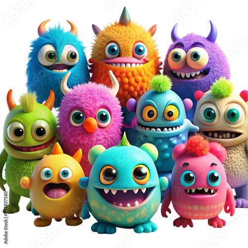 A cute colorful fuzzy grinning monsters