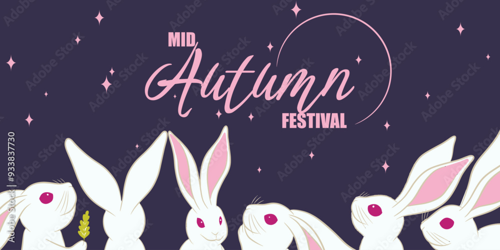 Fototapeta premium Mid autumn festival card with white rabbits. Background on dark blue