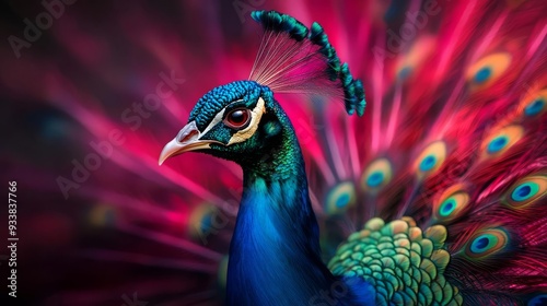 A vibrant peacock showcasing its stunning plumage against a striking background, representing beauty and elegance in nature.