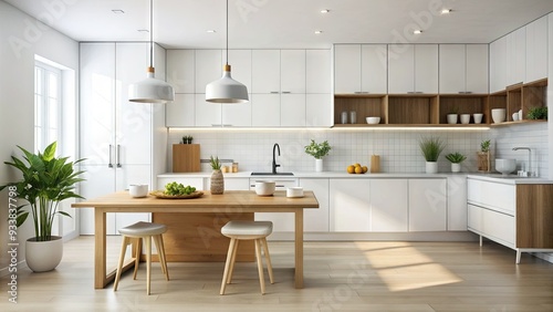 Clean and minimalist white kitchen with a wooden table on a light background, perfect for showcasing food, products, or recipes in a modern setting.