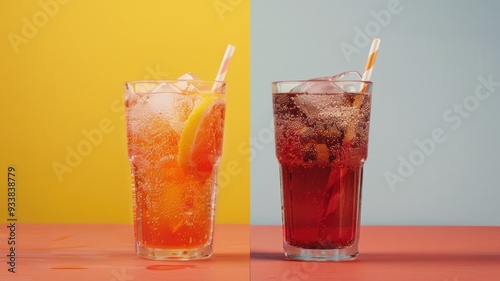 A vibrant side-by-side image of two cold fizzy drinks with ice, set against on Colorful background.