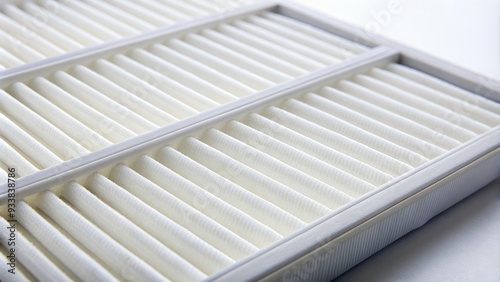 Close-up of a brand new, pristine air filter with a clean white texture, featuring evenly spaced folds and a subtle sheen, indicating freshness and purity.