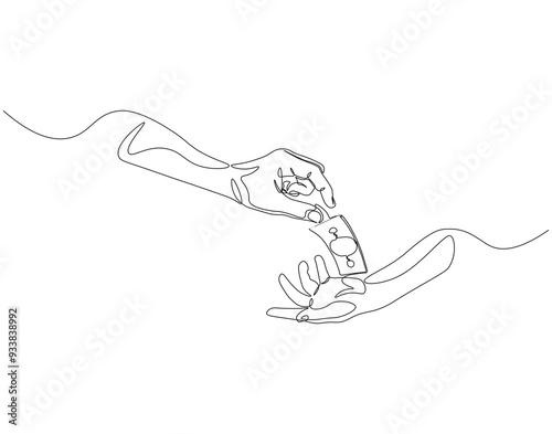 Continuous one line drawing of hand giving money to another hand. One line drawing illustration of hand giving and receive money. World giving day,  concept line art. Editable outline.