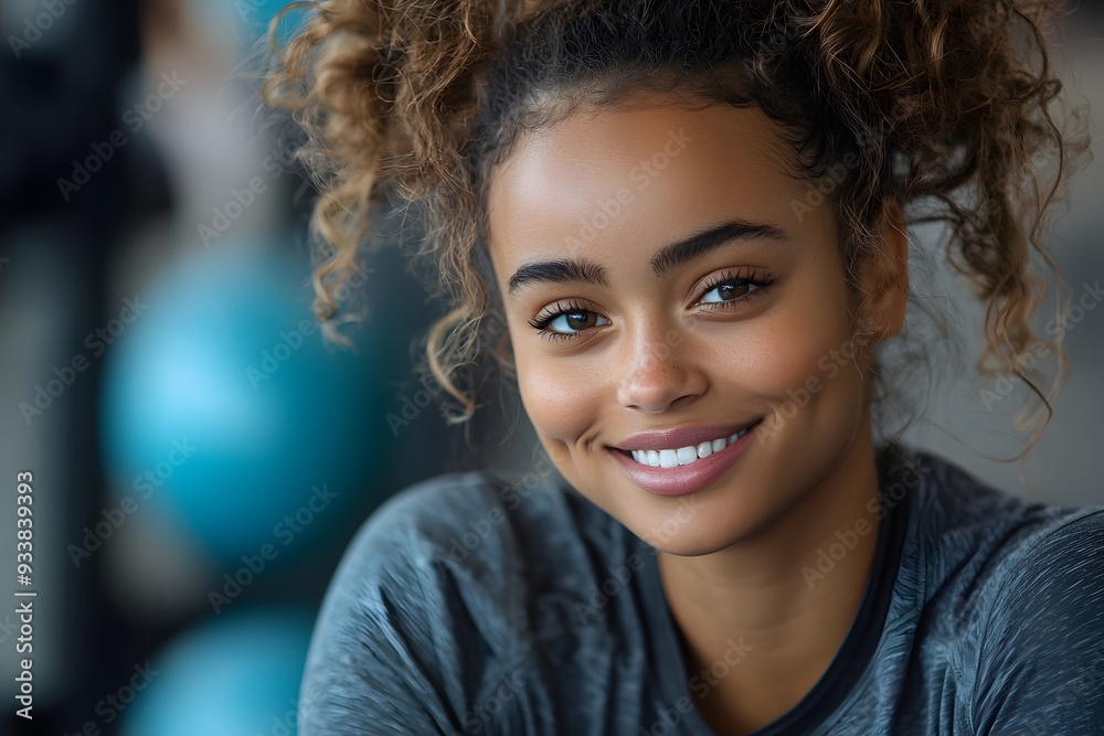 A smiling woman athlete taking a break during her workout at the gym. The image captures her happiness and positive energy while resting A smiling woman athlete taking a break during her workout at the gym. The image captures her happiness and positive energy while resting