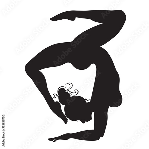 Vector silhouette of woman doing yoga exercise. Illustration of pretty girl standing on her hands in upturned yoga balance pose with beautiful body and flexible spine. Healthy life concept.