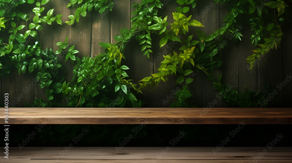 Nature-inspired background with a green leafy wall and a empty wooden table for eco-friendly product displays