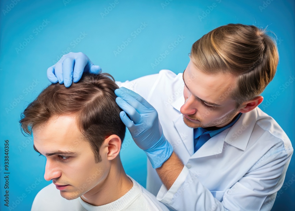 Close-up of a healthcare professional examining a young adult's scalp, highlighting hair thinning and loss, set against a calming blue background. Close-up of a healthcare professional examining a young adult's scalp, highlighting hair thinning and loss, set against a calming blue background.