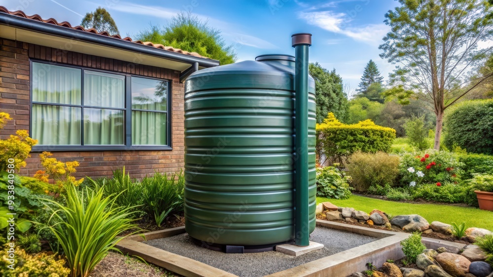 of a rainwater harvesting system in a home garden, sustainable, water conservation, residential area of a rainwater harvesting system in a home garden, sustainable, water conservation, residential area