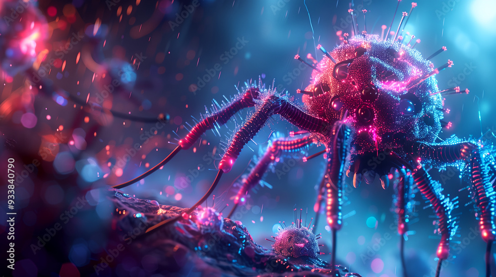Detailed depiction of bacteriophage attaching to a cell, AI-generated image. Detailed depiction of bacteriophage attaching to a cell, AI-generated image.
