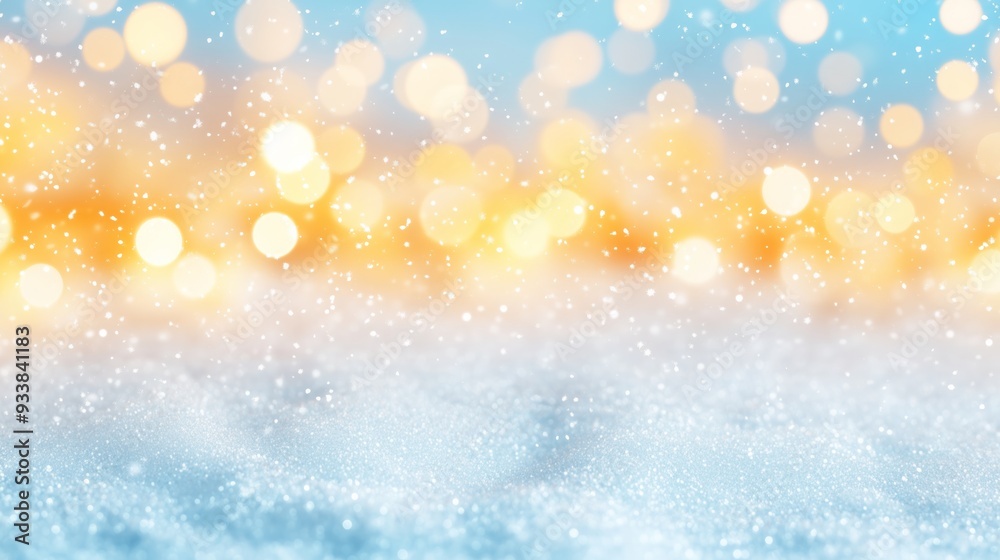 Obraz premium Bright and serene winter scene with glowing bokeh lights and delicate snowfall, perfect for holiday and festive backgrounds.
