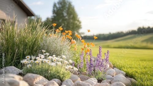 Garden featuring native plants arranged to support local wildlife, ecological landscaping, native species cultivation