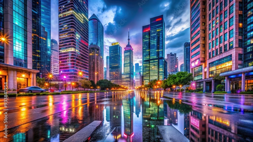Obraz premium Vibrant cityscape at dusk with sleek skyscrapers, bustling streets, and colorful neon lights reflecting off wet pavement, casting a magical urban ambiance.