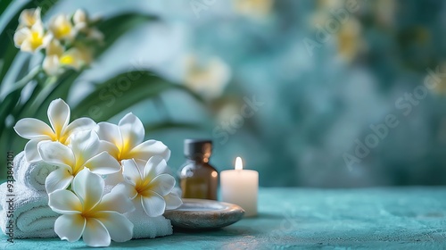 Frangipani flowers and spa essentials arranged on a blue tabletop, perfect for wellness banners (selective focus, elegance theme, realistic, Composite, zen-inspired setting).