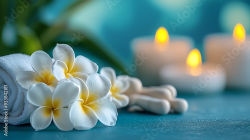 Frangipani flowers and spa essentials arranged on a blue tabletop, perfect for wellness banners (selective focus, elegance theme, realistic, Composite, zen-inspired setting).