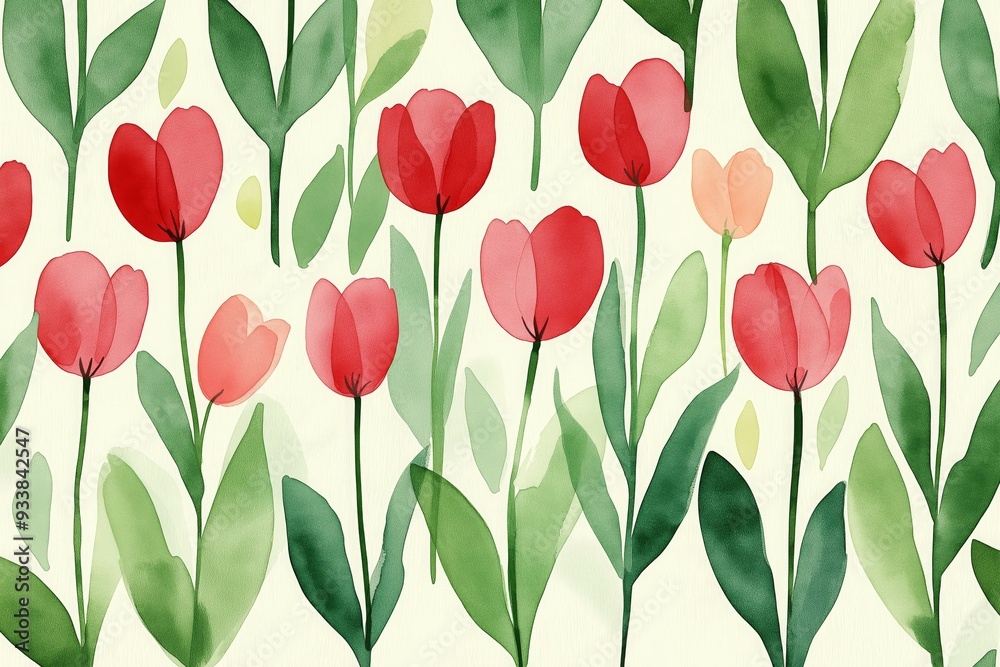 Obraz premium Watercolor tulip pattern with vibrant red flowers and lush green leaves, perfect for spring-themed designs and botanical-inspired projects.