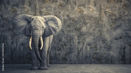 Powerful Elephant Standing Before Concrete Wall.