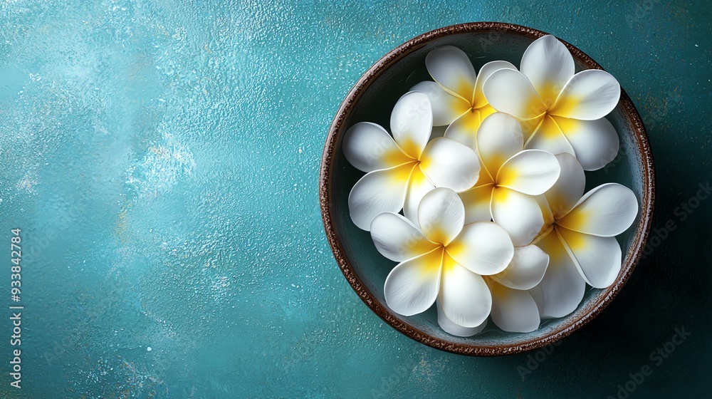 High-resolution spa banner featuring frangipani flowers in a bowl, top view (focus on, relaxation theme, realistic, Manipulation, tropical spa backdrop). High-resolution spa banner featuring frangipani flowers in a bowl, top view (focus on, relaxation theme, realistic, Manipulation, tropical spa backdrop).