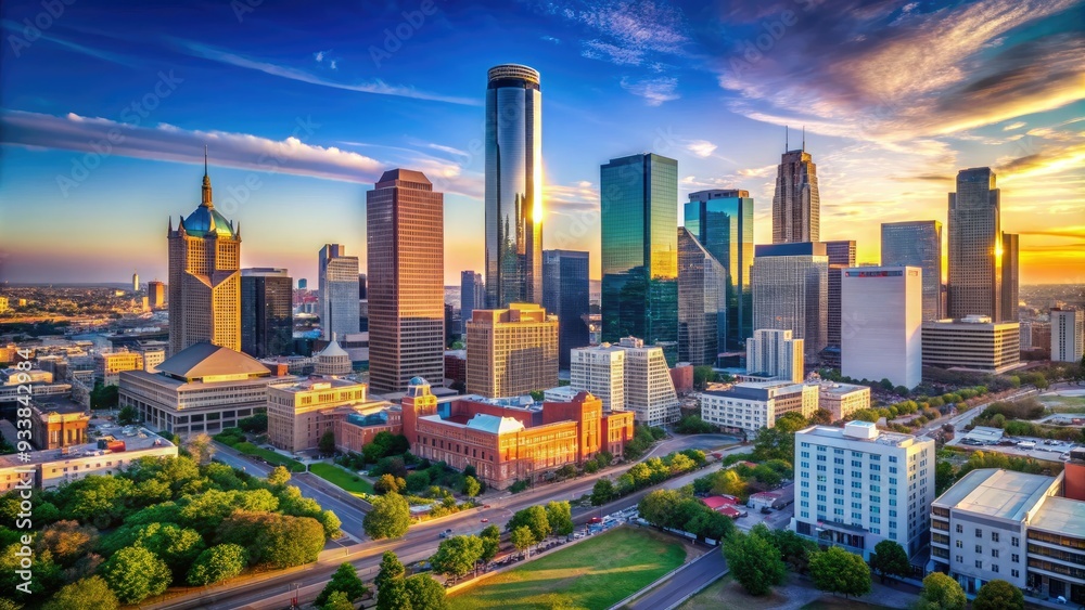 Obraz premium Vibrant cityscape of downtown Dallas, Texas, featuring sleek skyscrapers, busy streets, and historic landmarks like Reunion Tower against a bright blue morning sky.