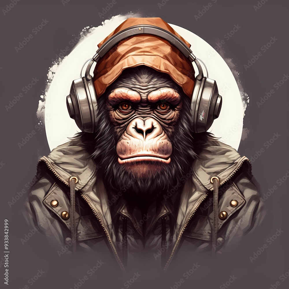 Fototapeta premium A chill gorilla wearing headphones and a brown hat against a circular light backdrop