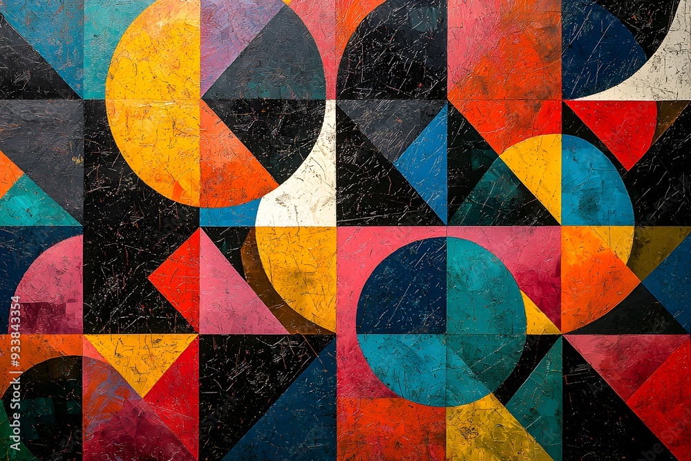 Fototapeta premium A bold geometric pattern in bright, contrasting colors featuring overlapping triangles and circles.