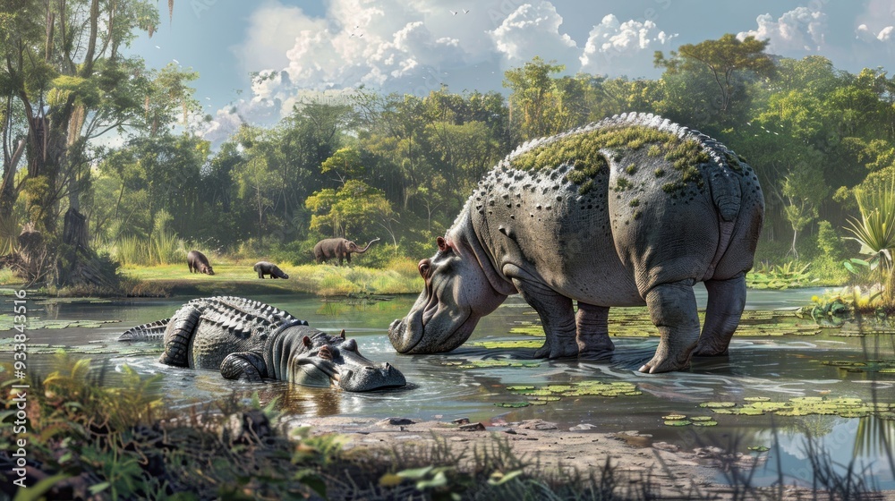 Fototapeta premium Prehistoric Hippopotamus in a Lush Jungle.