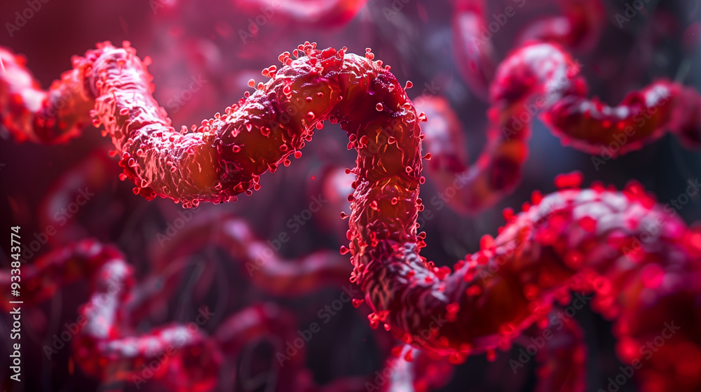 Vibrant depiction of Ebola virus strands in red hues, AI-generated image. Vibrant depiction of Ebola virus strands in red hues, AI-generated image.